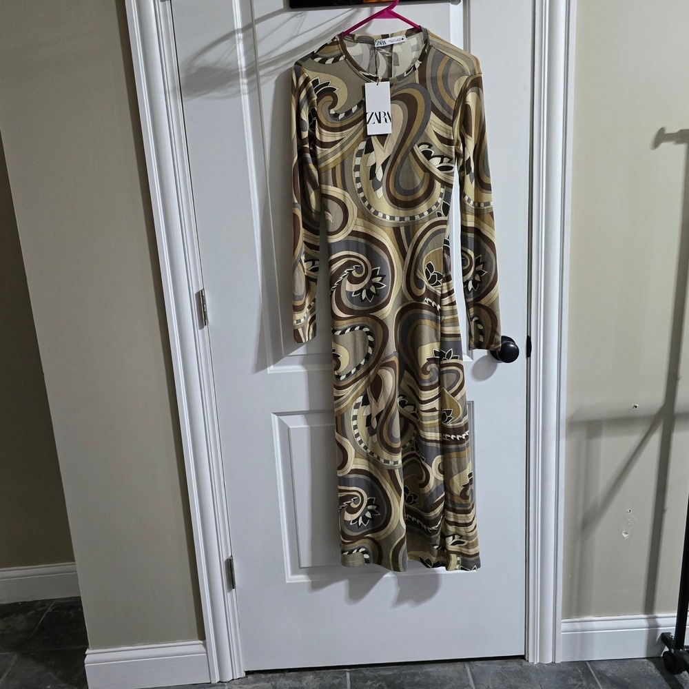 new Zara Dress Womens Small Brown Tan Swirl Print Long Sleeve Retro Stretch